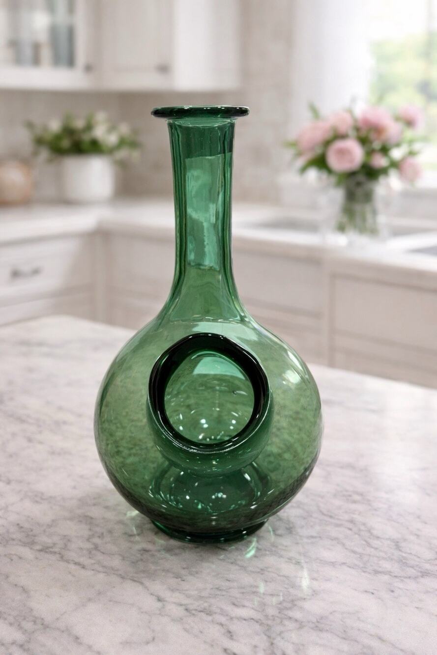 Green Hand Blown Glass Jug, Round Shape, Glossy Finish, Handmade